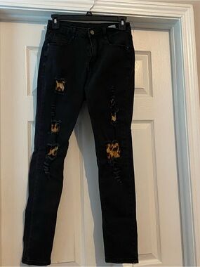 Black Distressed Women's Jeans with Leopard Patch Detail